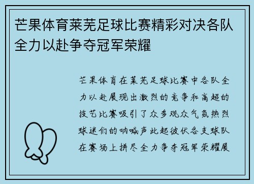 芒果体育莱芜足球比赛精彩对决各队全力以赴争夺冠军荣耀