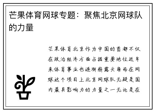 芒果体育网球专题：聚焦北京网球队的力量