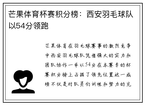 芒果体育杯赛积分榜：西安羽毛球队以54分领跑