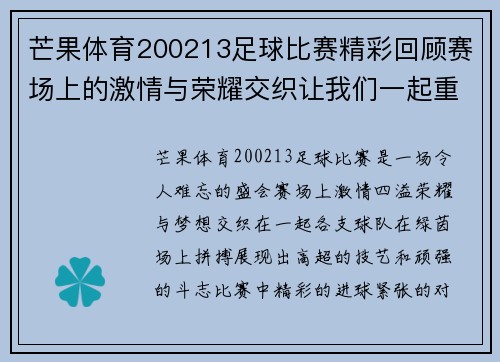 芒果体育200213足球比赛精彩回顾赛场上的激情与荣耀交织让我们一起重温难忘瞬间